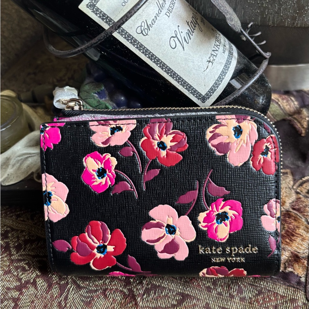 Authentic Kate Spade Black and Pink Floral zip/snap Wallet